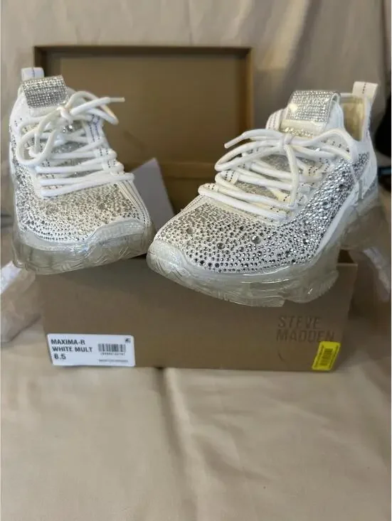 Steve Madden Maxima-R White Rhinestone Fashion Slip On Sneaker - Picture 2 of 13